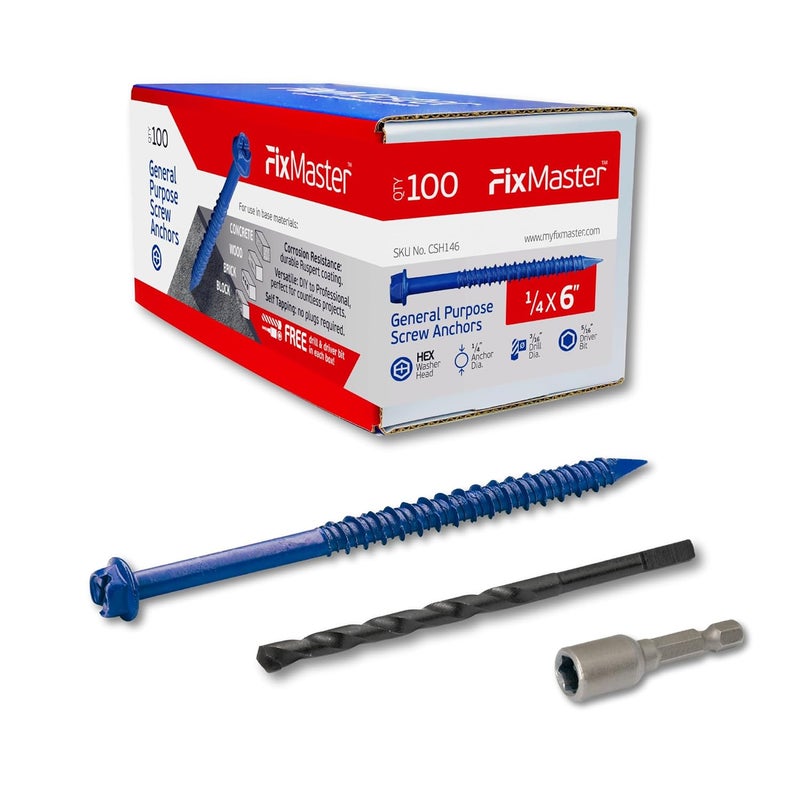 FixMaster 1/4 x 6 Hex Head Blue Concrete Screw Anchors (100 pcs Screw Kit) with one Screwdriver and Drill Bit for Concrete, Masonry, Block, Brick and Wood Fastening - Image 1